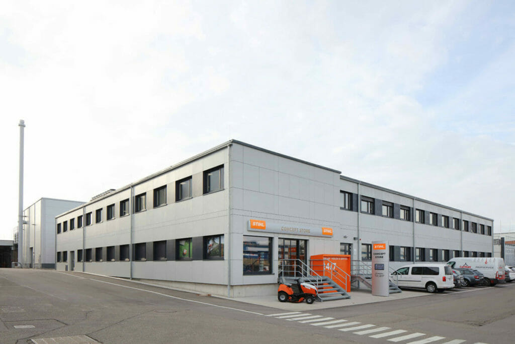 , Heinkel Modulbau , Heinkel Modulbau errichtet für STIHL in Waiblingen ein neues Bürogebäude mit Concept Store in Modulbauweise., Heinkel Modulbau